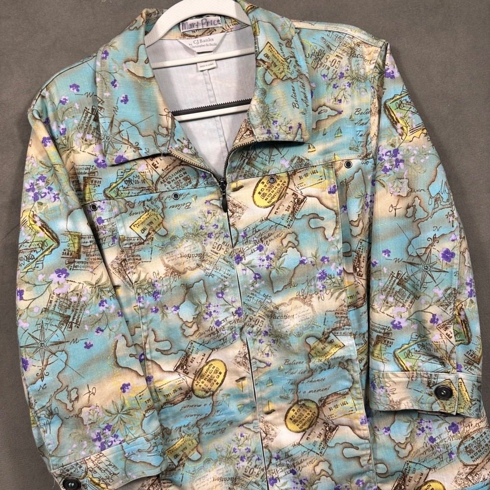 CJ Banks Jacket Womens X Blue Map Passport Stamp Print Full Zip Excellent
